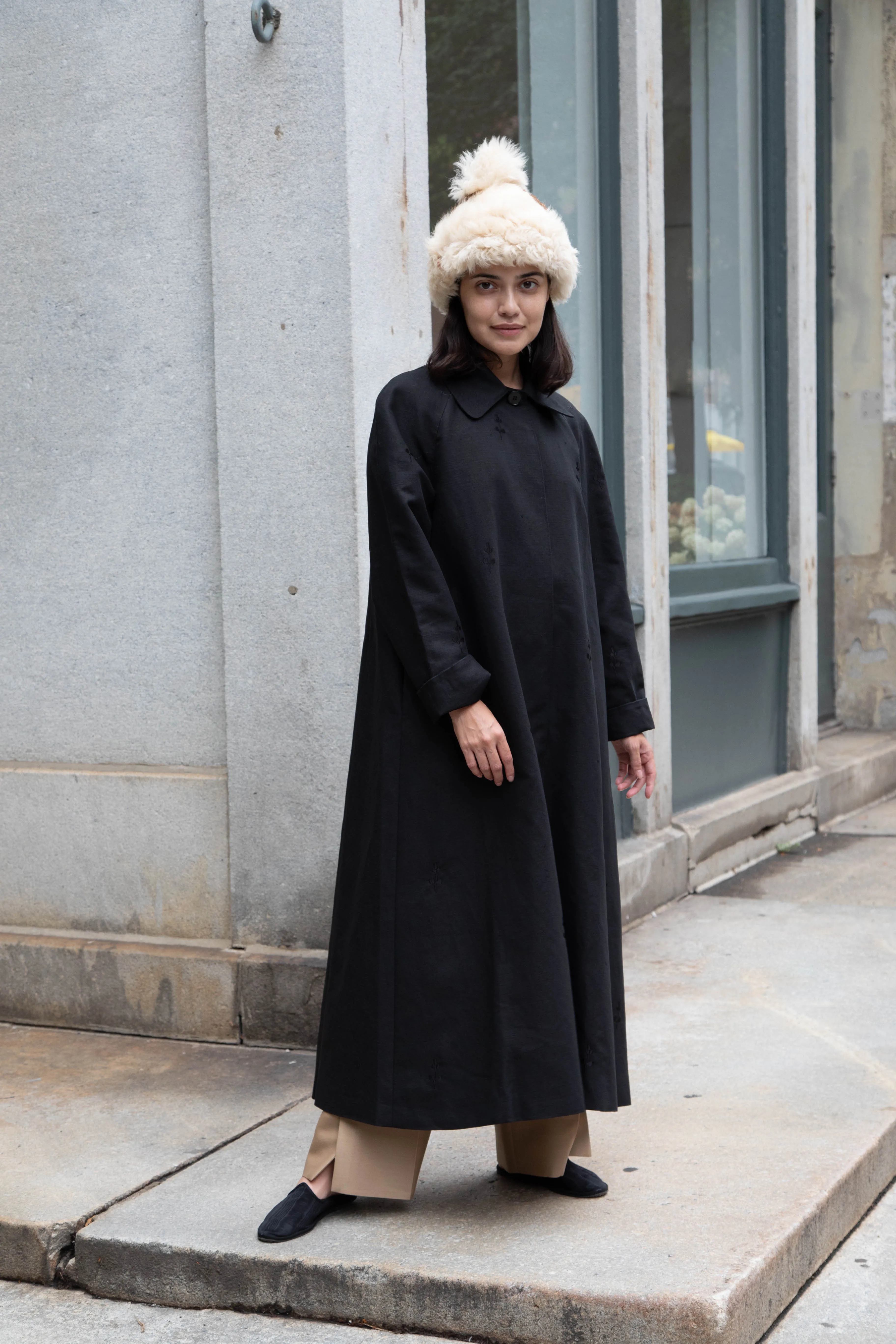 Delegan | Trench Coat with Embroidery in Black & Black