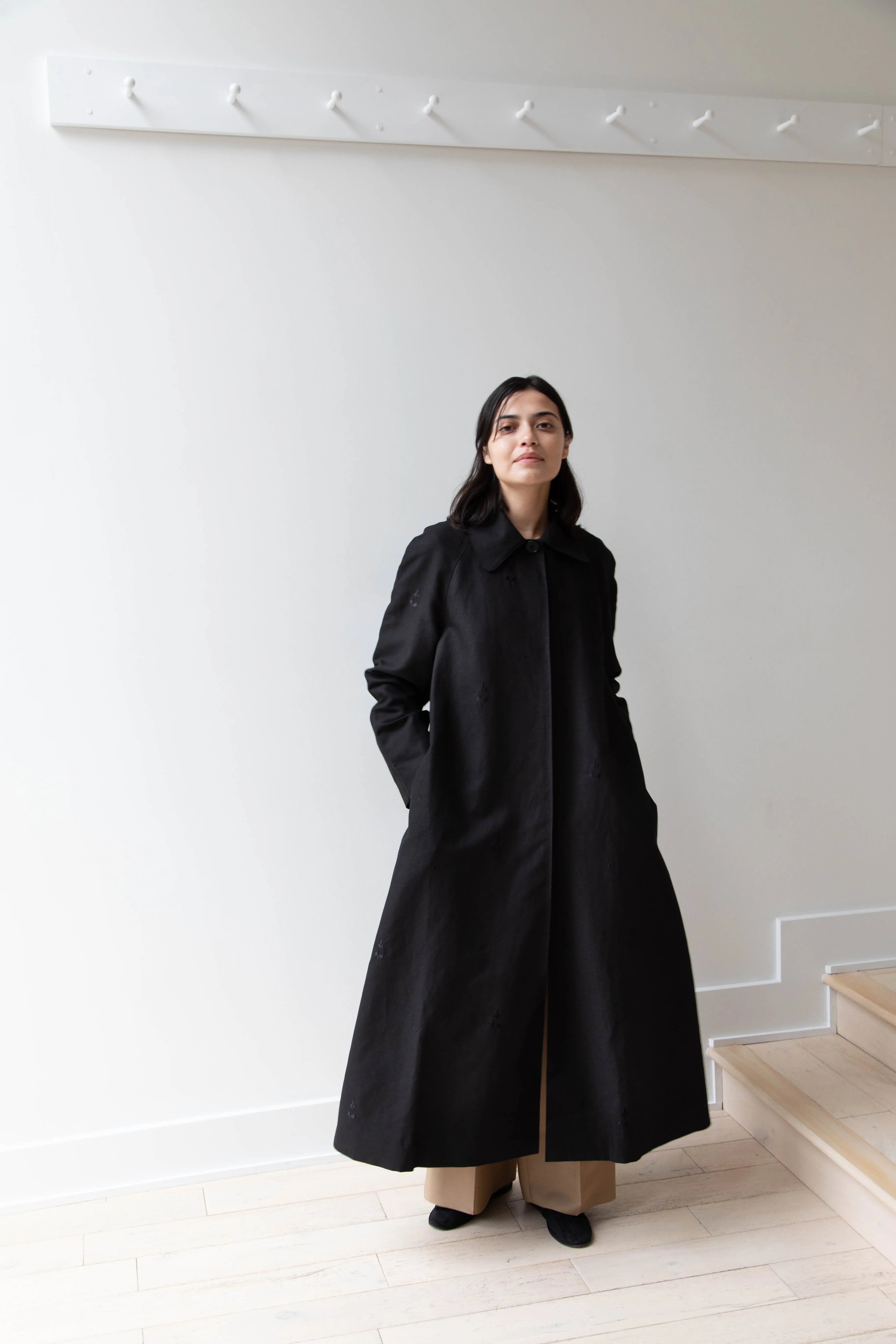 Delegan | Trench Coat with Embroidery in Black & Black