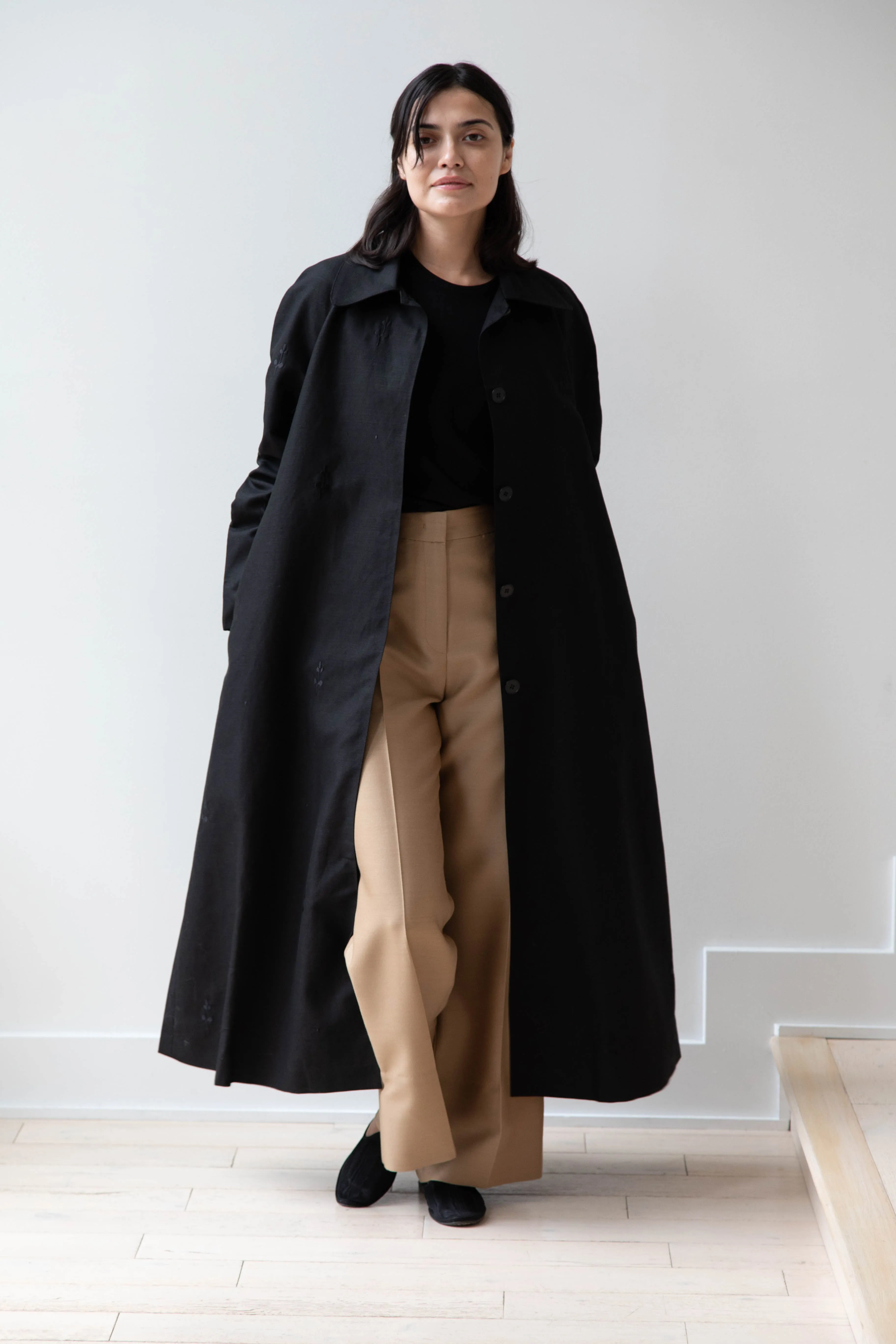 Delegan | Trench Coat with Embroidery in Black & Black