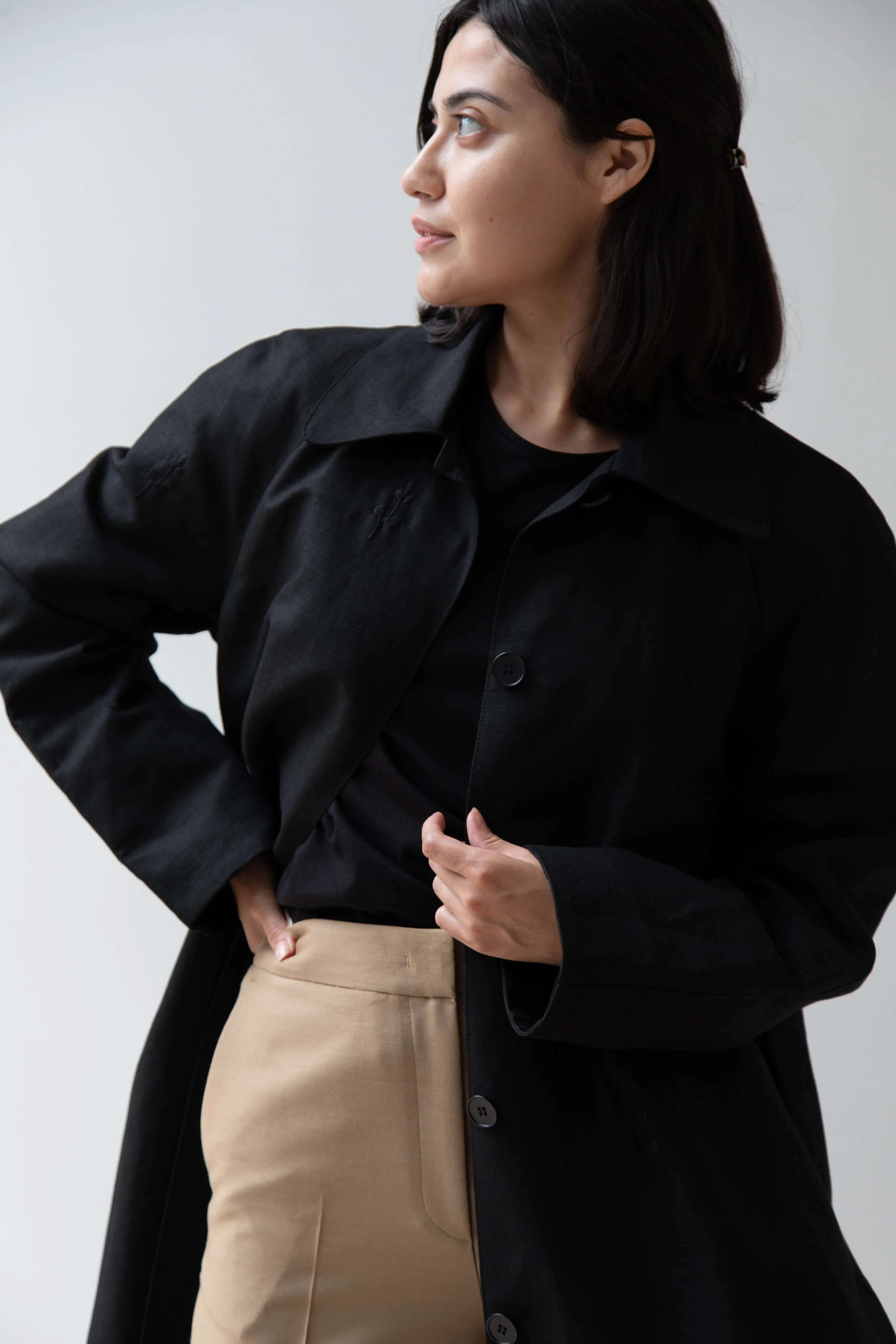 Delegan | Trench Coat with Embroidery in Black & Black