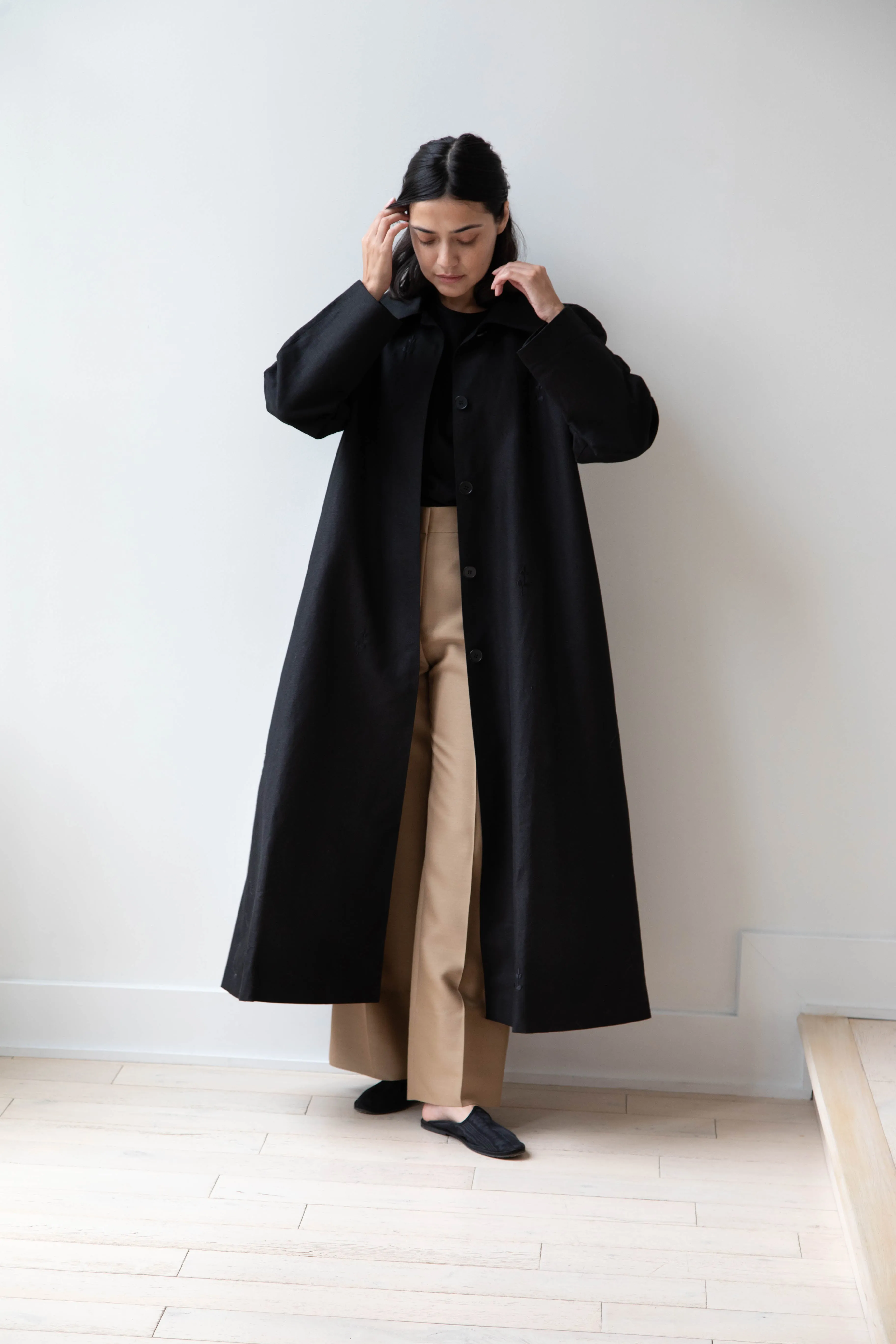 Delegan | Trench Coat with Embroidery in Black & Black