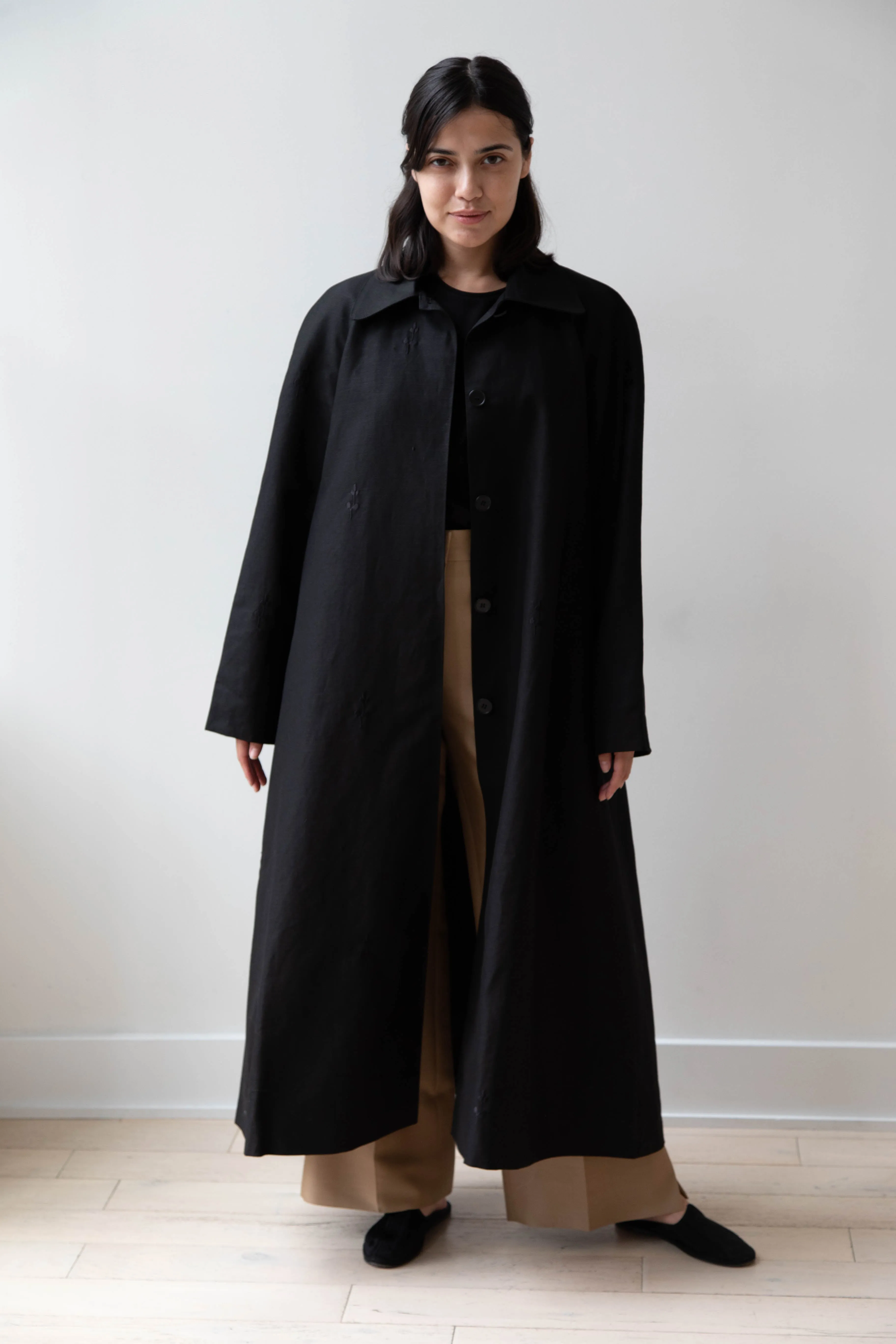 Delegan | Trench Coat with Embroidery in Black & Black