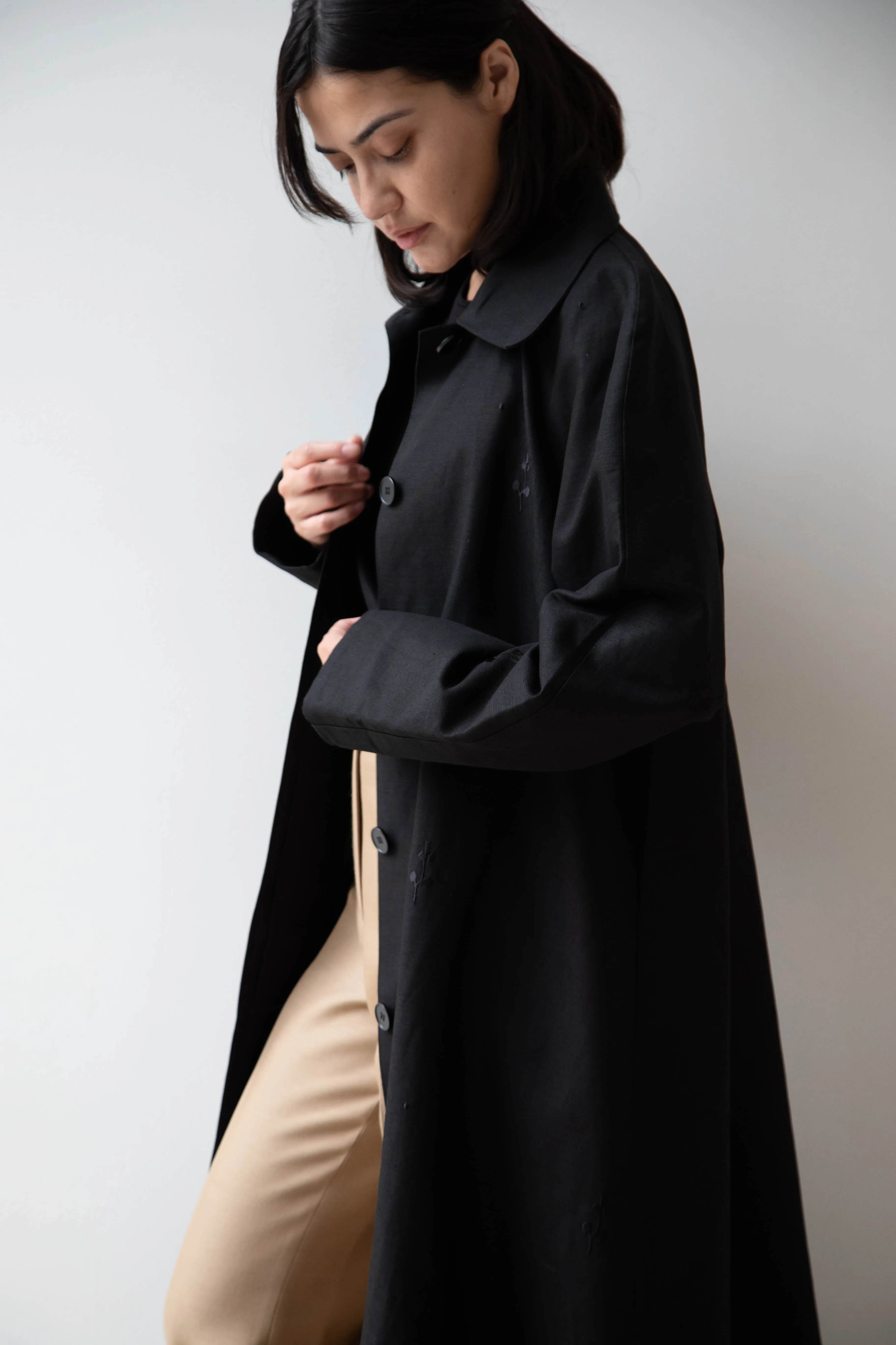 Delegan | Trench Coat with Embroidery in Black & Black