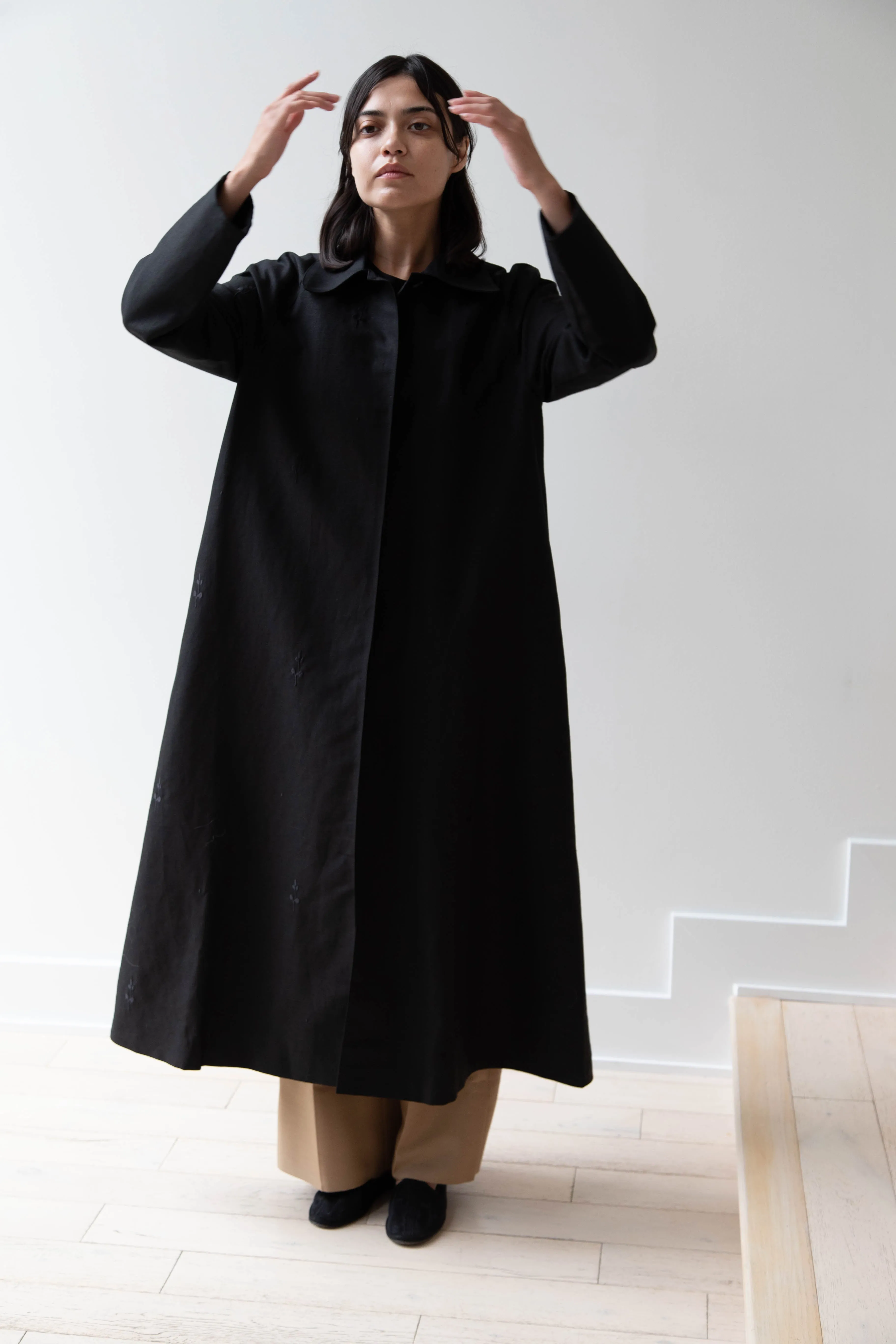 Delegan | Trench Coat with Embroidery in Black & Black