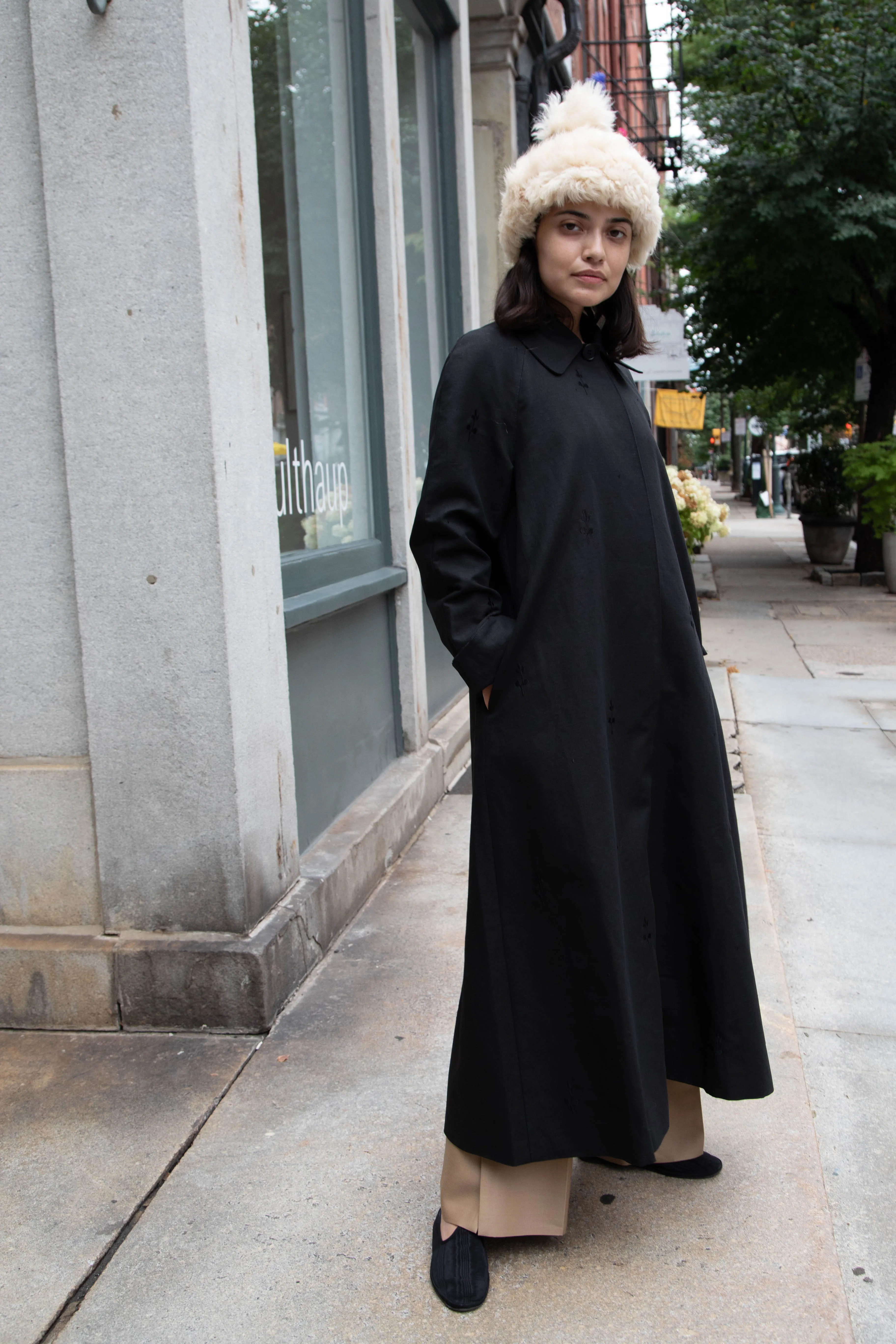 Delegan | Trench Coat with Embroidery in Black & Black