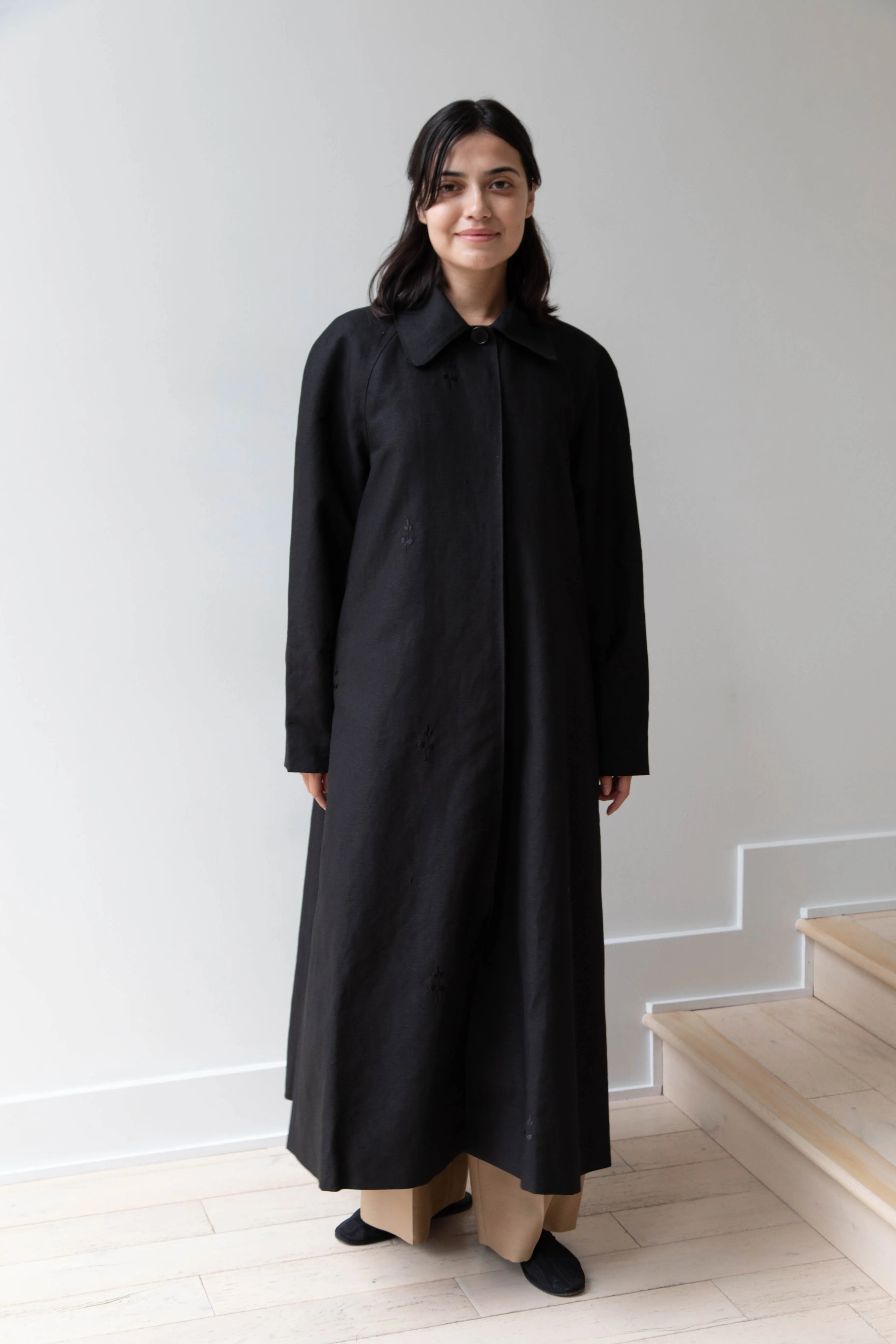 Delegan | Trench Coat with Embroidery in Black & Black