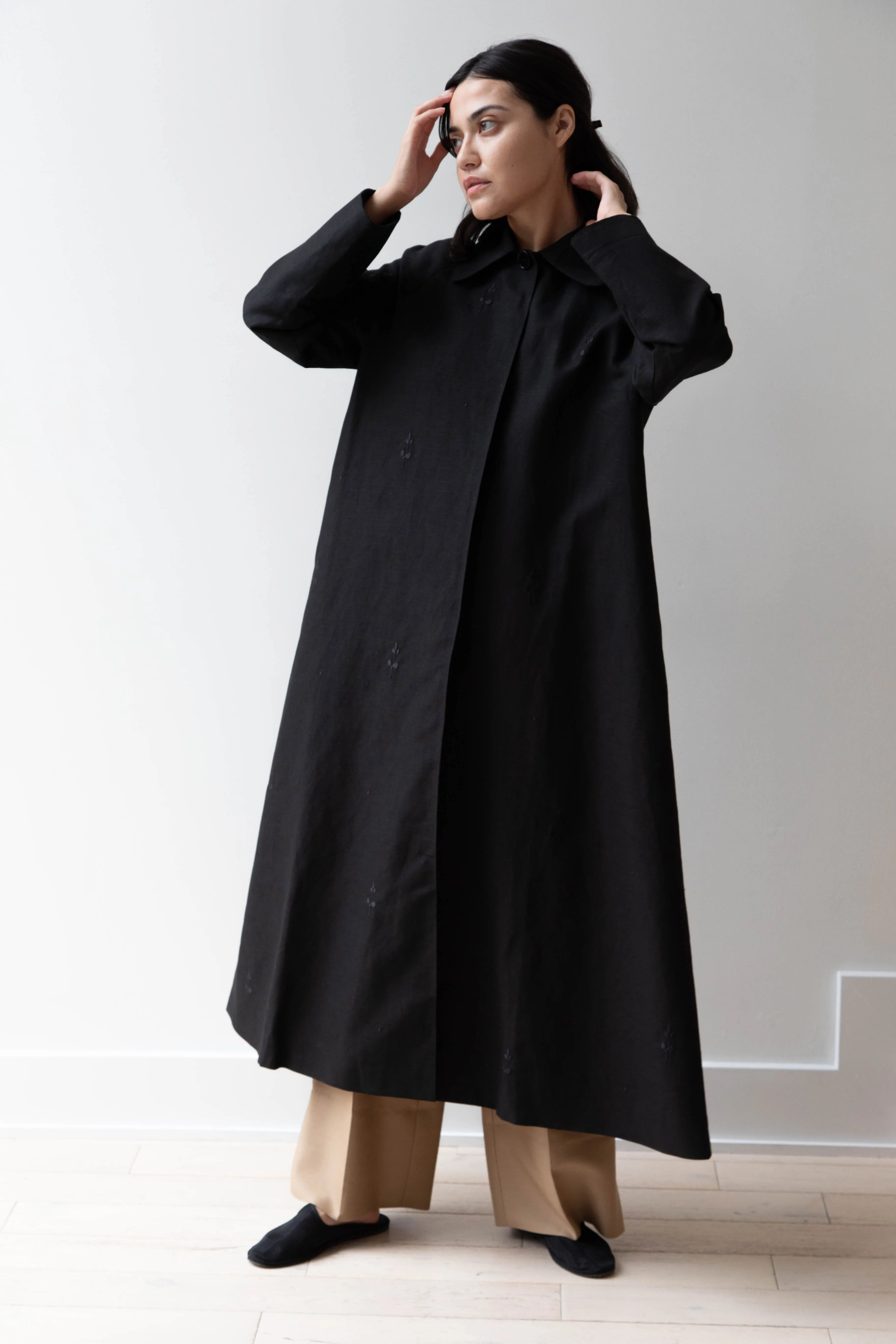 Delegan | Trench Coat with Embroidery in Black & Black