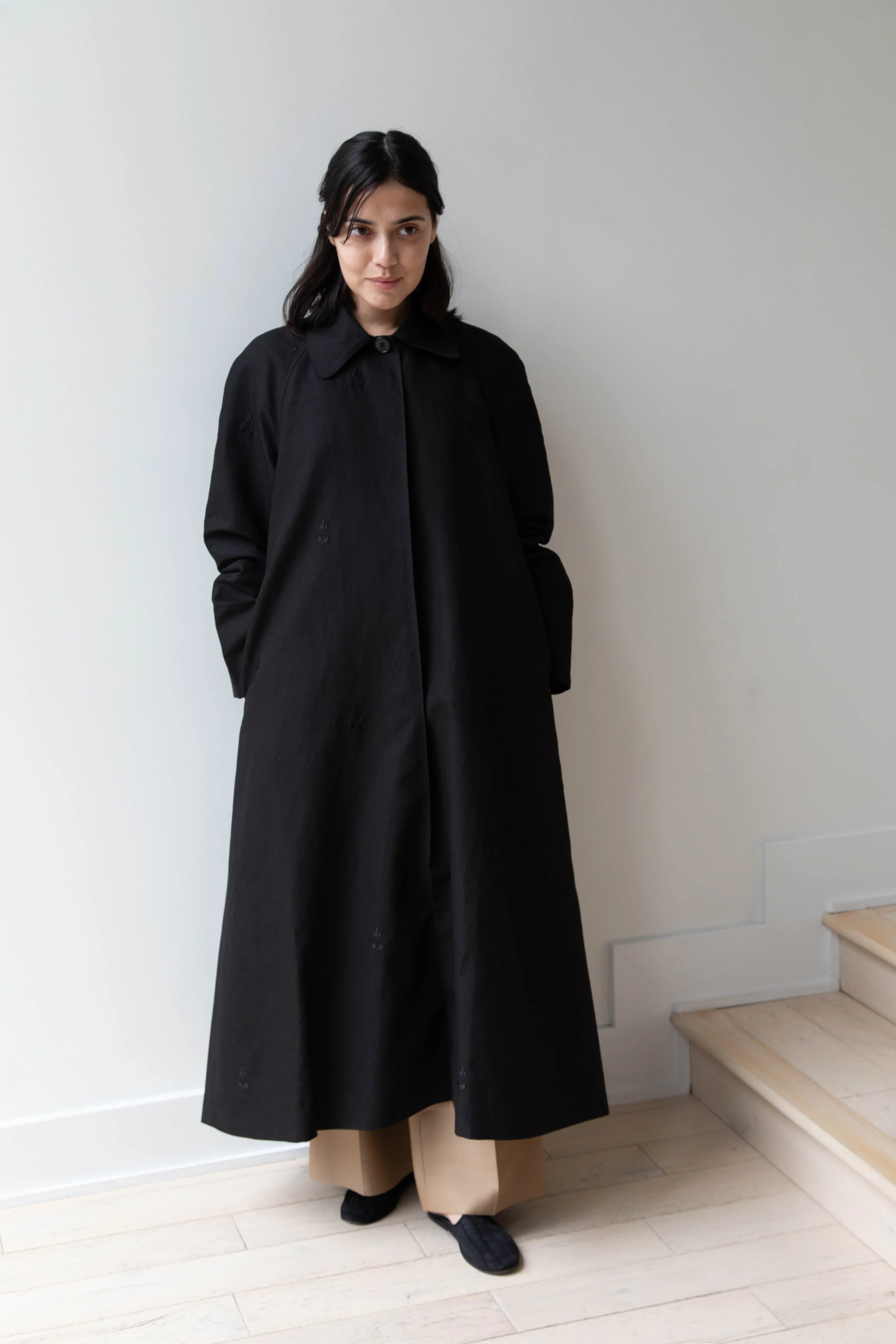 Delegan | Trench Coat with Embroidery in Black & Black