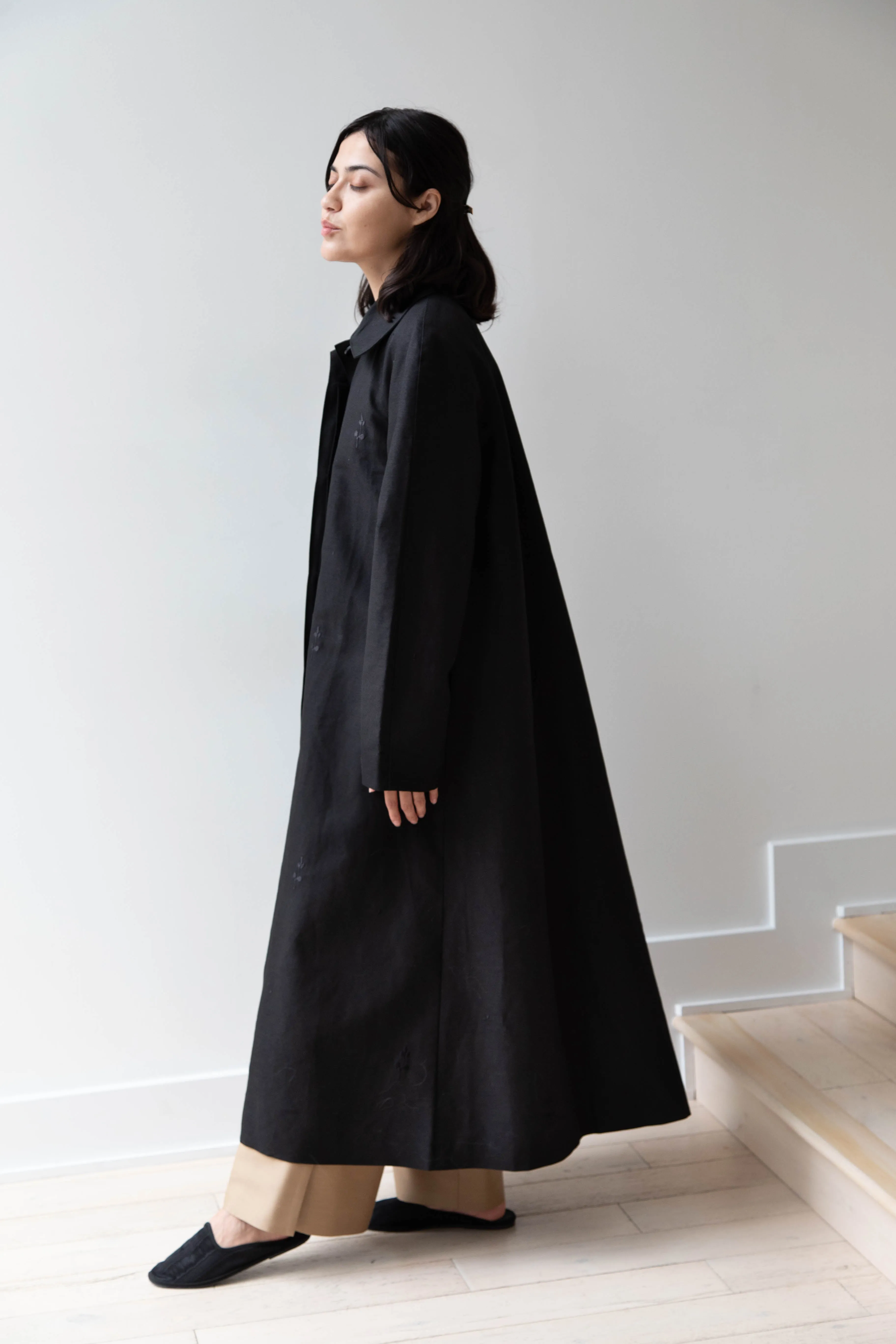 Delegan | Trench Coat with Embroidery in Black & Black