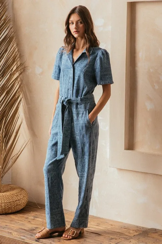 Denim Jacquard Button Front Jumpsuit