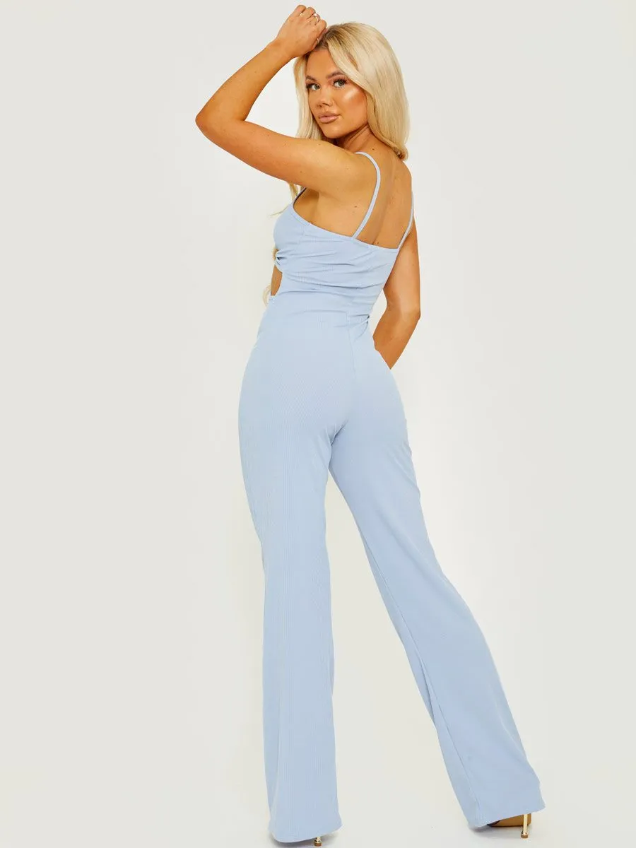 Devin Cut Out Ribbed Cami Jumpsuit In Blue