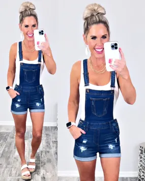 Distressed Denim Pocket Overalls - Dark