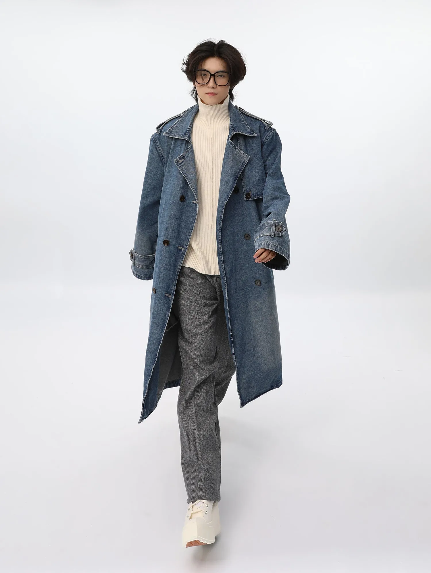 Double-Breasted Denim Oversized Trench Coat