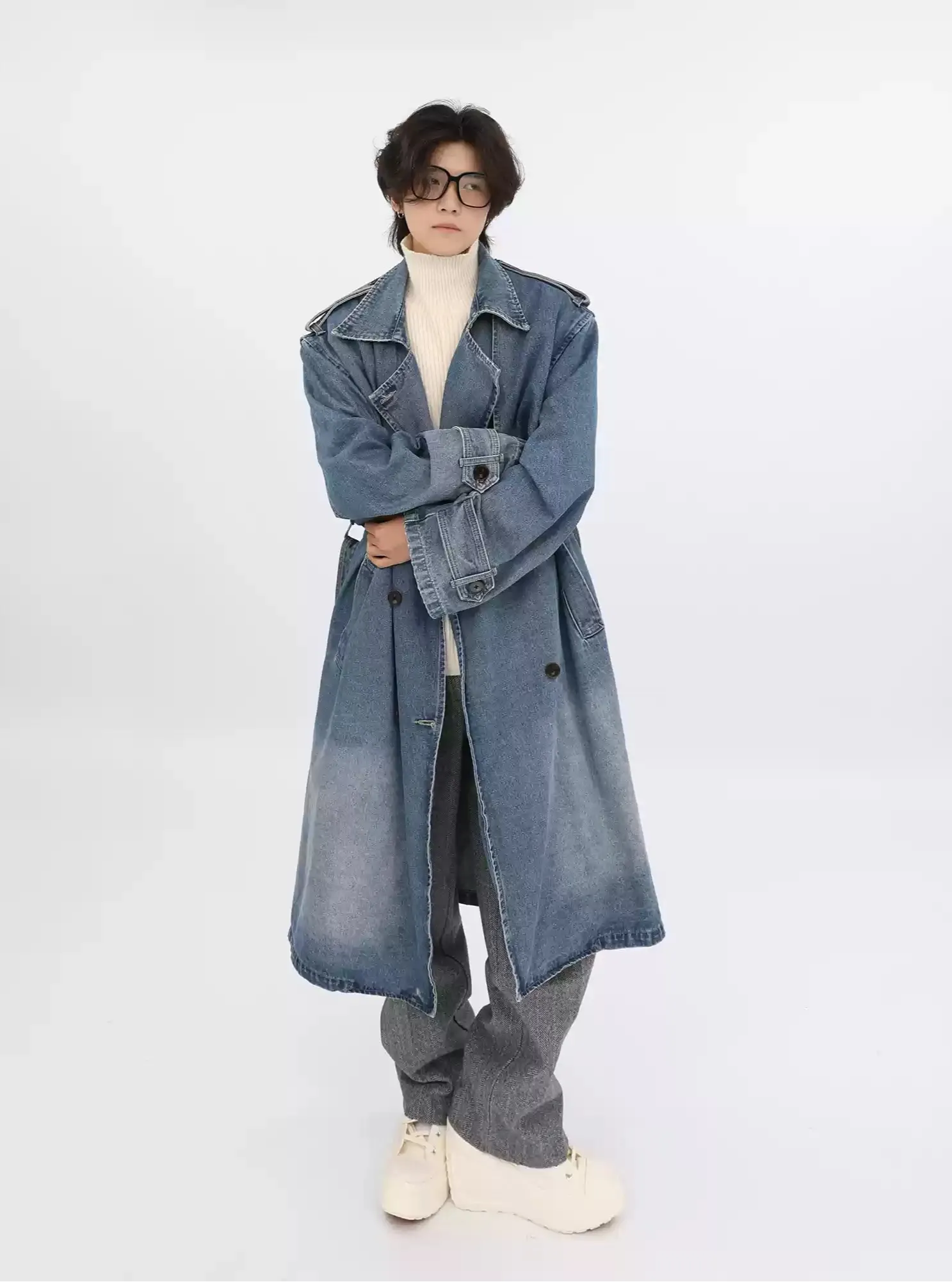 Double-Breasted Denim Oversized Trench Coat