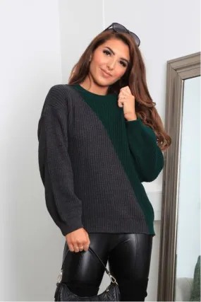 Double Second Green And Grey Diagonal Contrast Colour Block Oversized Knit Jumper