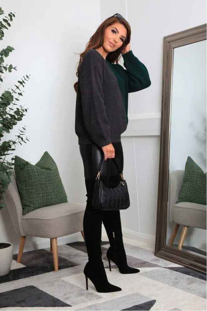 Double Second Green And Grey Diagonal Contrast Colour Block Oversized Knit Jumper