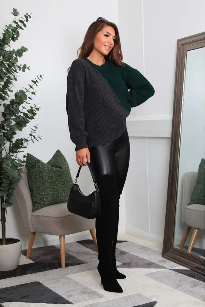 Double Second Green And Grey Diagonal Contrast Colour Block Oversized Knit Jumper