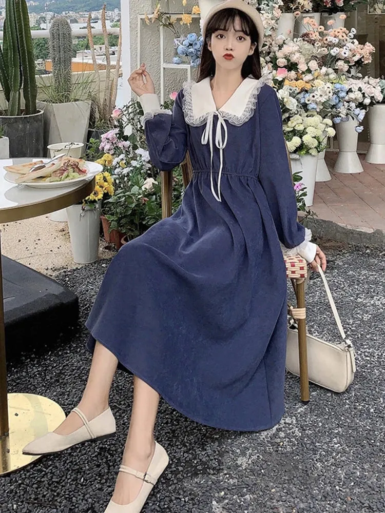 Elegant Lace-Up Vintage Korean Dress with a Sweet Peter Pan Collar