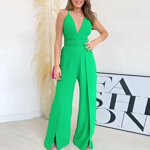 Elegant V-Neck High-Waisted Jumpsuit with Chic Split Legs and Belted Detail