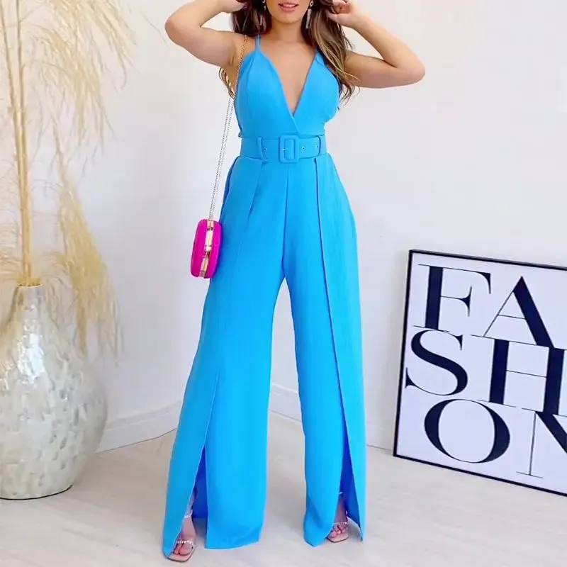 Elegant V-Neck High-Waisted Jumpsuit with Chic Split Legs and Belted Detail