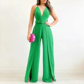 Elegant V-Neck High-Waisted Jumpsuit with Chic Split Legs and Belted Detail