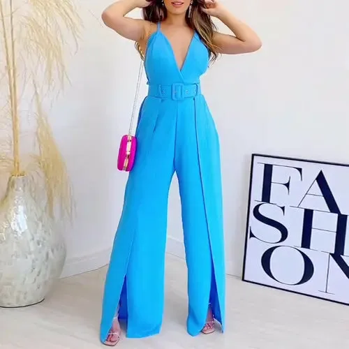 Elegant V-Neck High-Waisted Jumpsuit with Chic Split Legs and Belted Detail