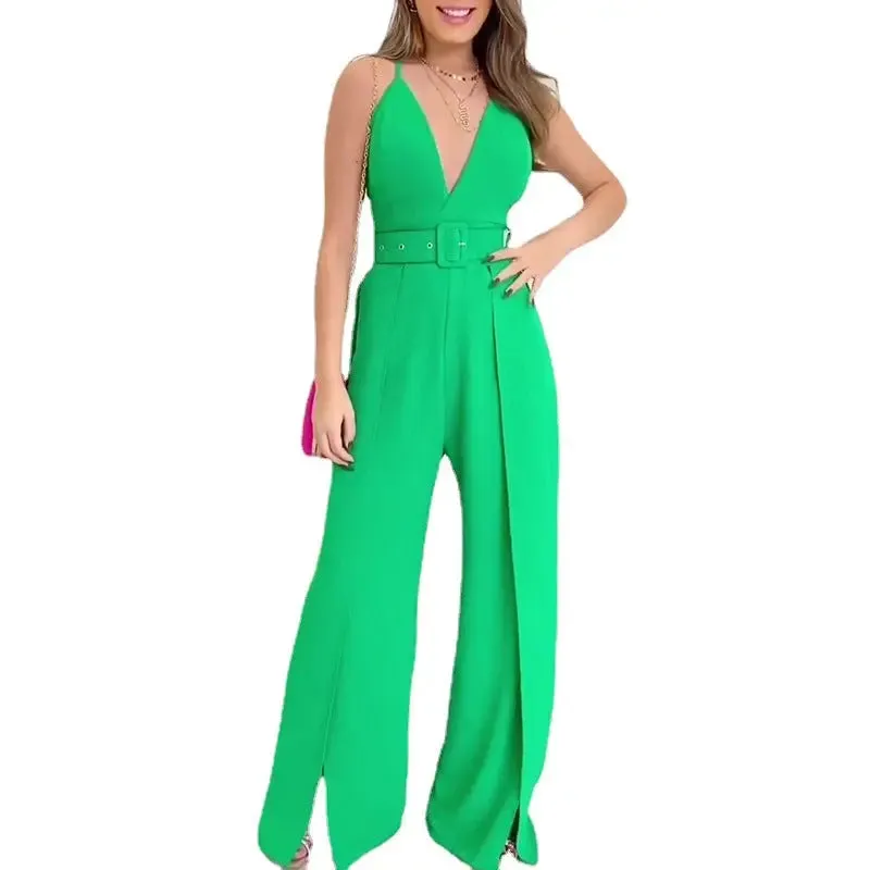 Elegant V-Neck High-Waisted Jumpsuit with Chic Split Legs and Belted Detail