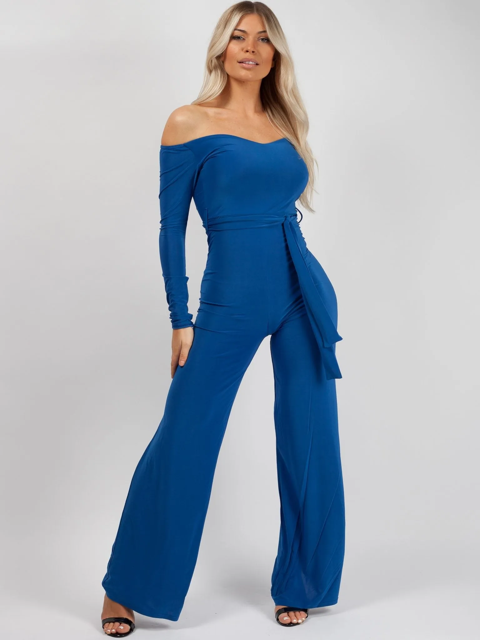 Ellice Slinky Bardot Sweetheart Tie Belted Jumpsuit In Royal Blue