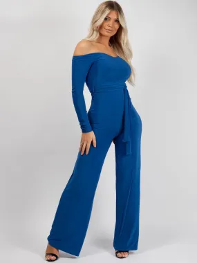 Ellice Slinky Bardot Sweetheart Tie Belted Jumpsuit In Royal Blue