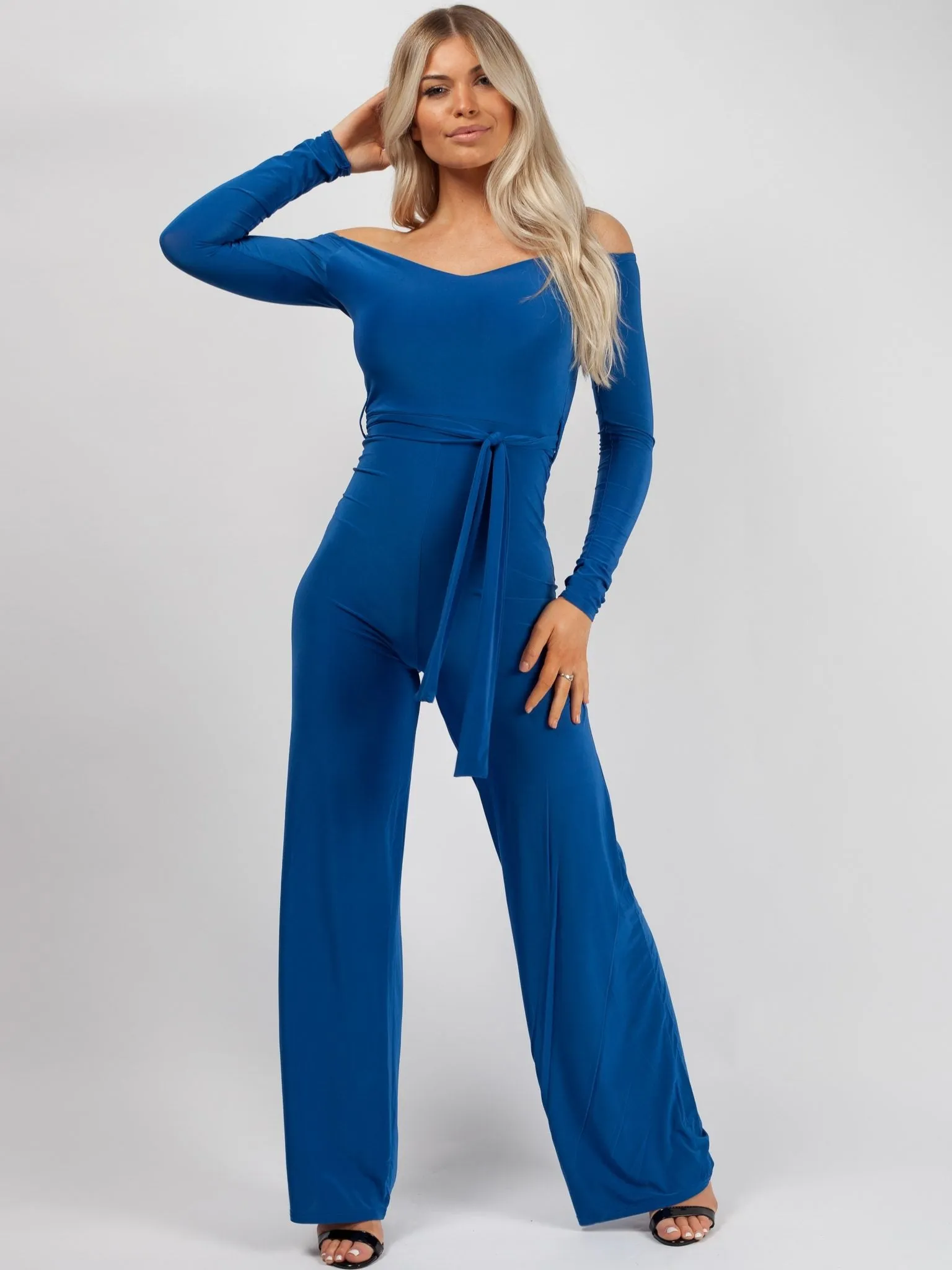 Ellice Slinky Bardot Sweetheart Tie Belted Jumpsuit In Royal Blue