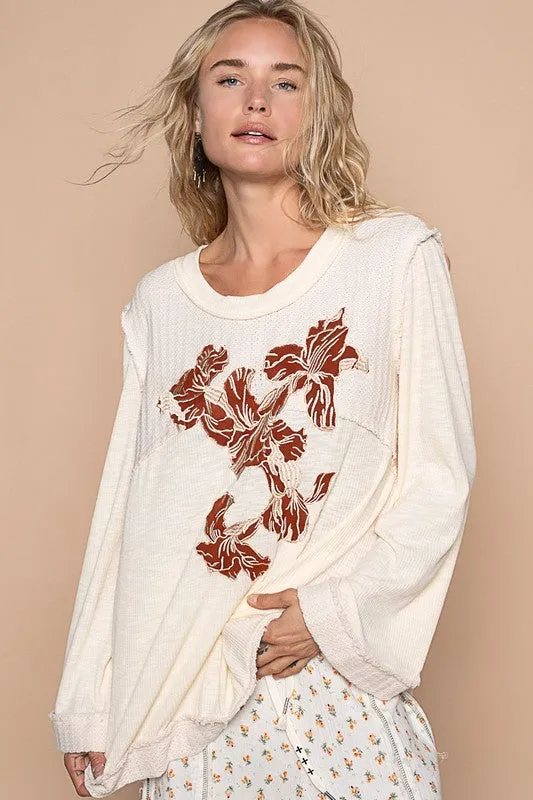 Embroidered Round Neck Long Sleeve Knit Top