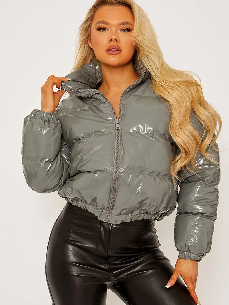 Emilia PVC Leather Cropped Puffer Jacket In Grey