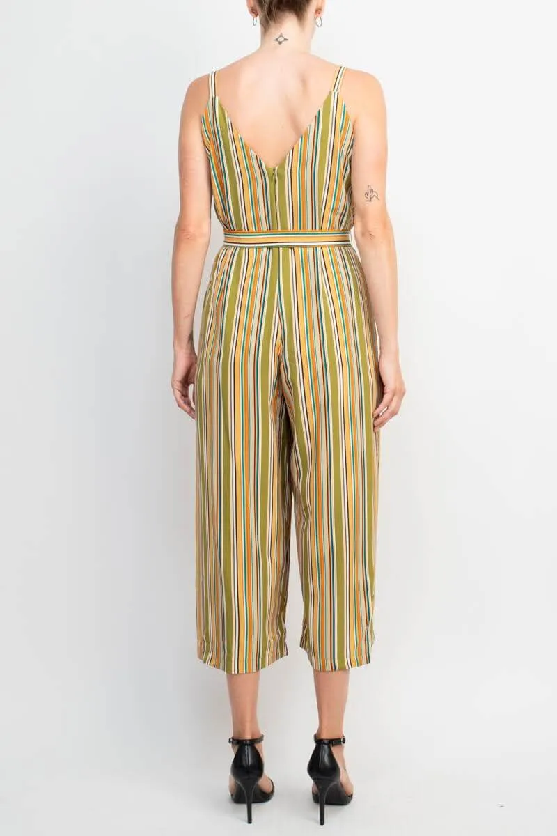 Emma & Michele Banded Strap V-Neck Side Button Zipper Back Tie Waist Stripe Print Crepe Jumpsuit