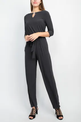 Emma & Michele Boat Neck Keyhole Front 3/4 Sleeve Tie Waist Blouson Keyhole Back Jersey Jumpsuit