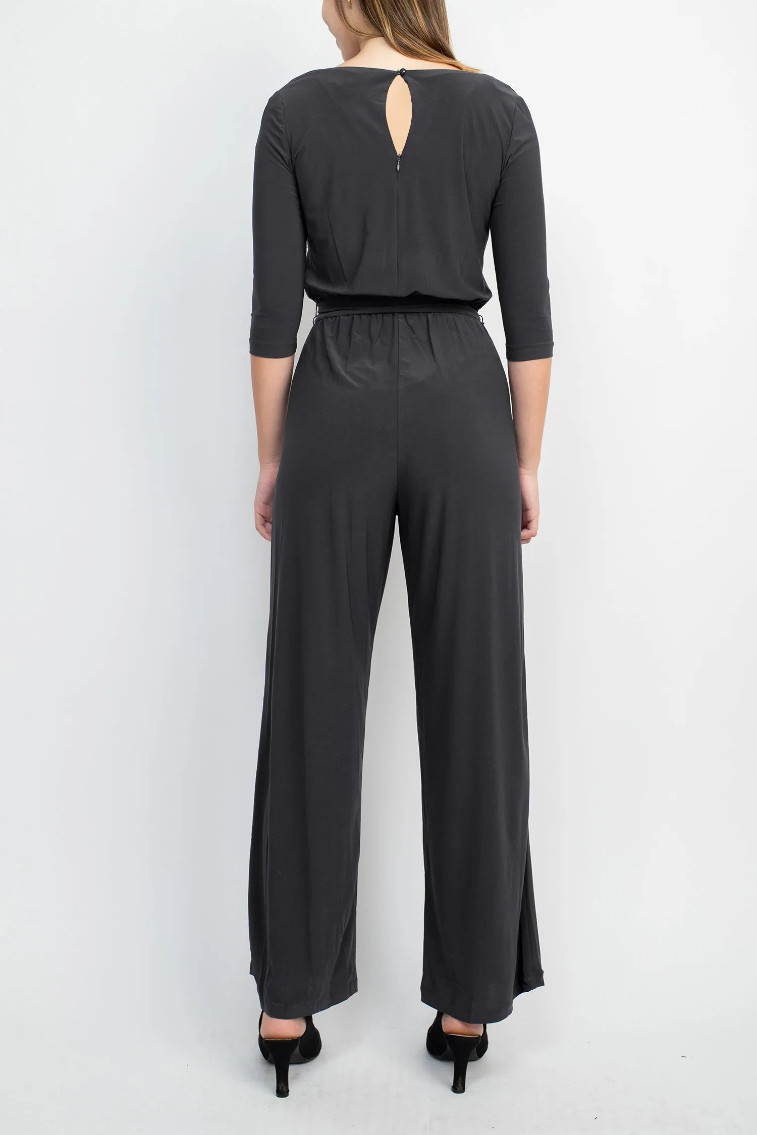 Emma & Michele Boat Neck Keyhole Front 3/4 Sleeve Tie Waist Blouson Keyhole Back Jersey Jumpsuit