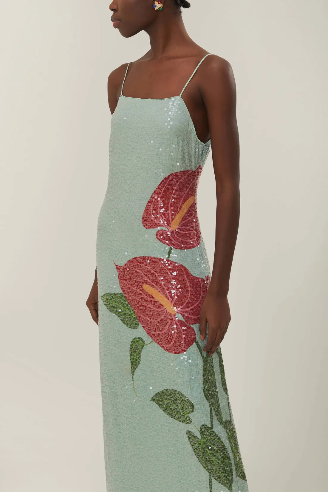 Farm Rio Anthurium Flowers Blue Slip Maxi Dress