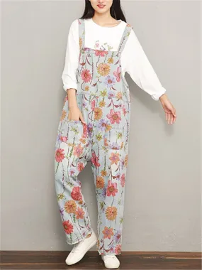 Fashion Casual Printed Loose Denim Jumpsuits