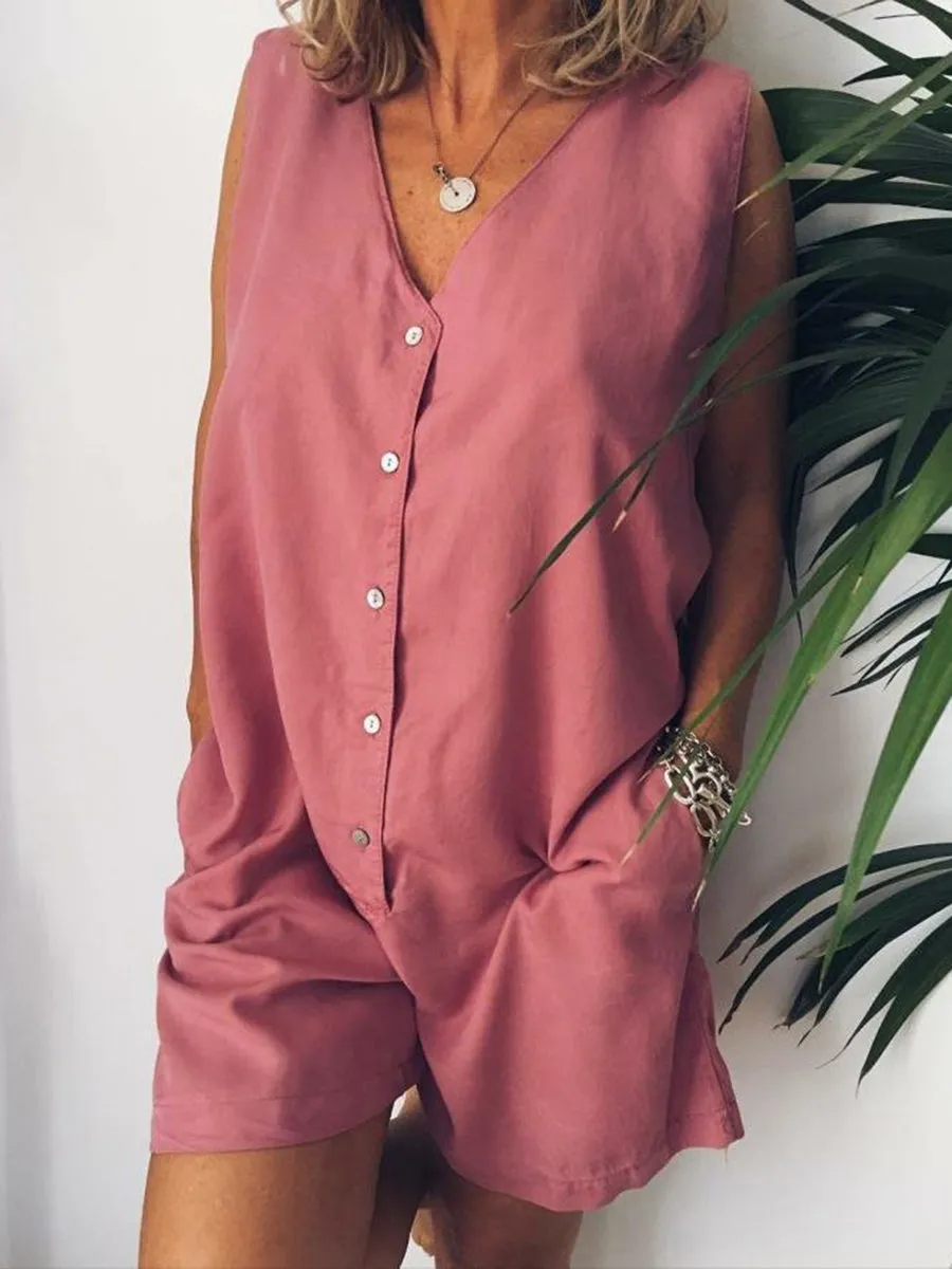 Fashion Casual Solid Color Button Jumpsuit