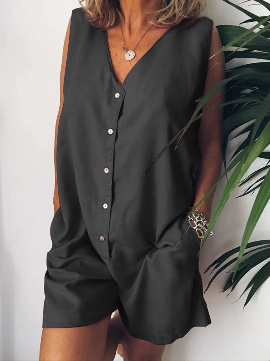 Fashion Casual Solid Color Button Jumpsuit