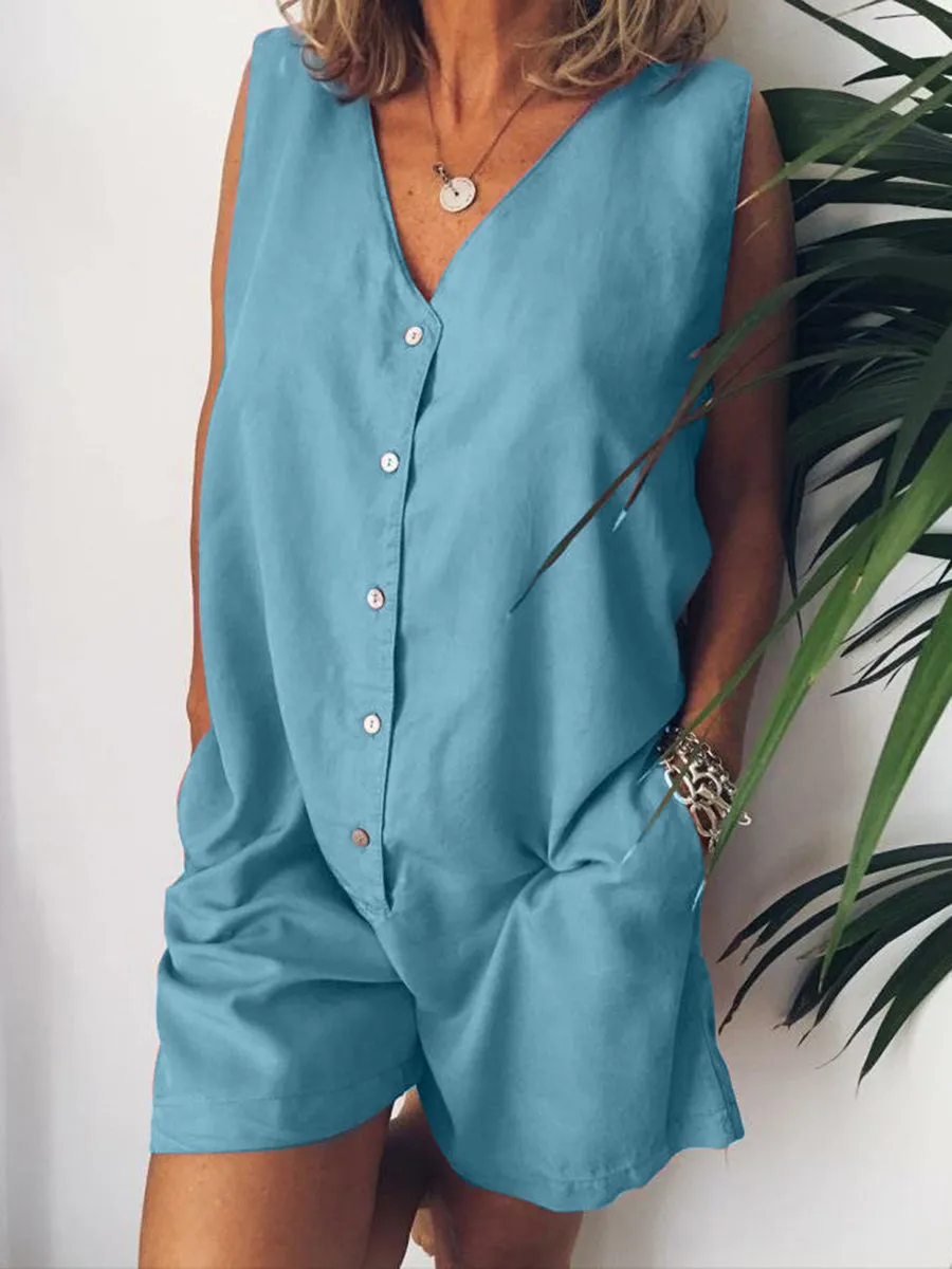 Fashion Casual Solid Color Button Jumpsuit