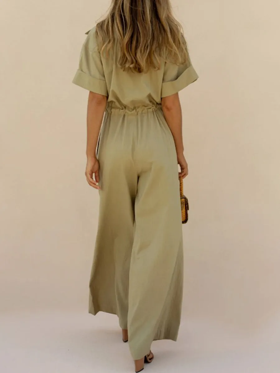 Fashion Simple Casual Loose V Neck Short-Sleeved Jumpsuit