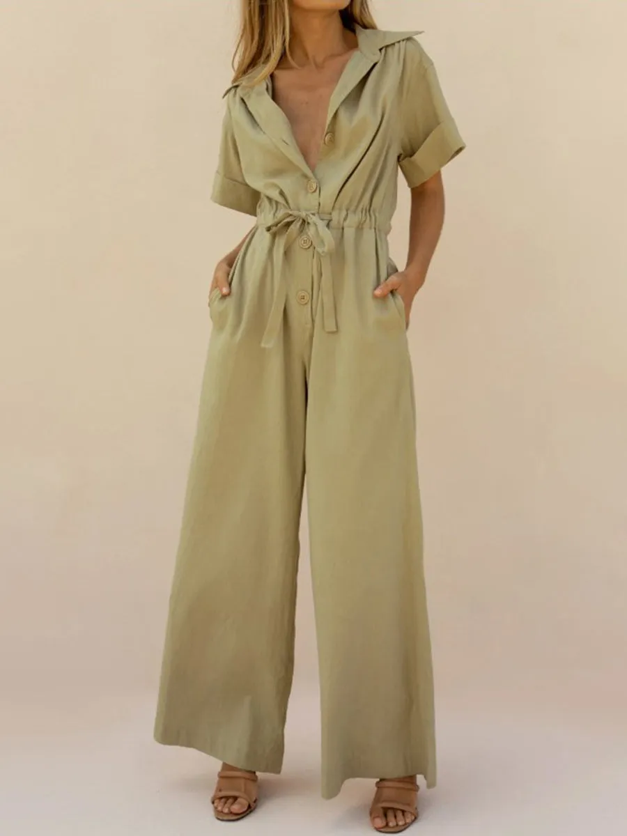 Fashion Simple Casual Loose V Neck Short-Sleeved Jumpsuit