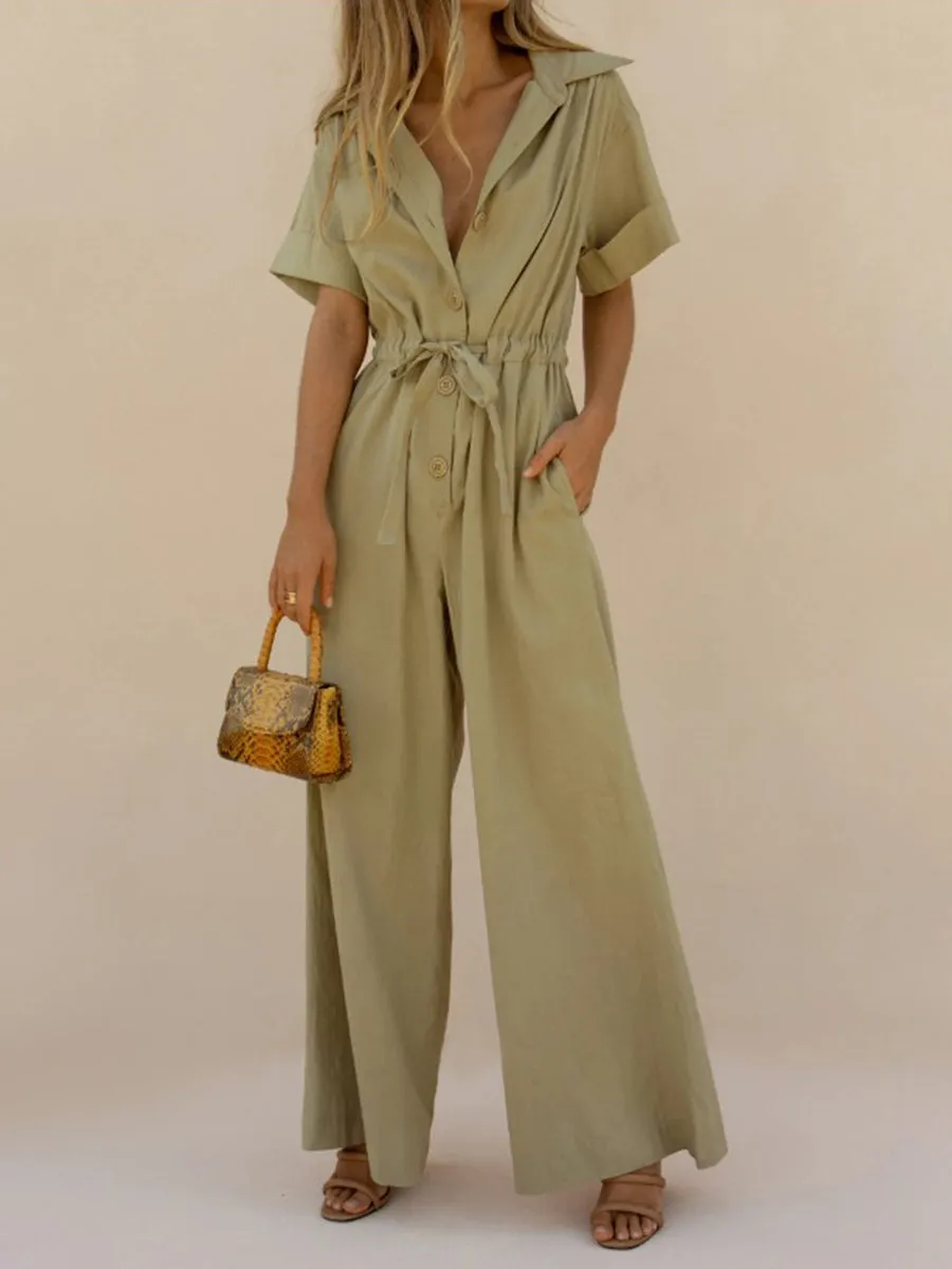 Fashion Simple Casual Loose V Neck Short-Sleeved Jumpsuit