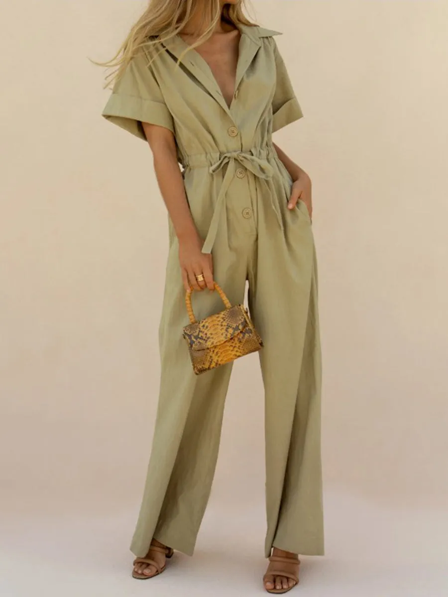 Fashion Simple Casual Loose V Neck Short-Sleeved Jumpsuit