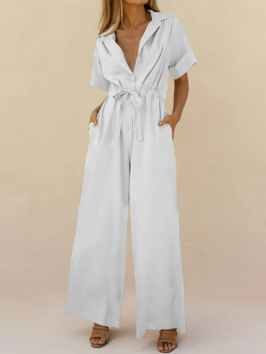 Fashion Simple Casual Loose V Neck Short-Sleeved Jumpsuit