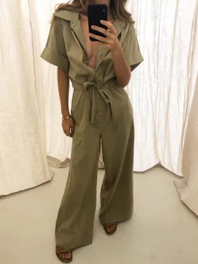 Fashion Simple Casual Loose V Neck Short-Sleeved Jumpsuit