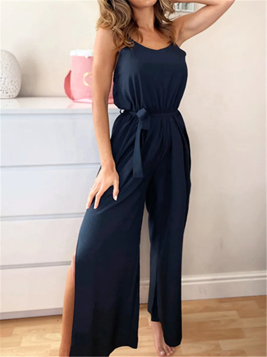 Fashion Solid Color Waist Tie High Fork Pants Jumpsuit for Women