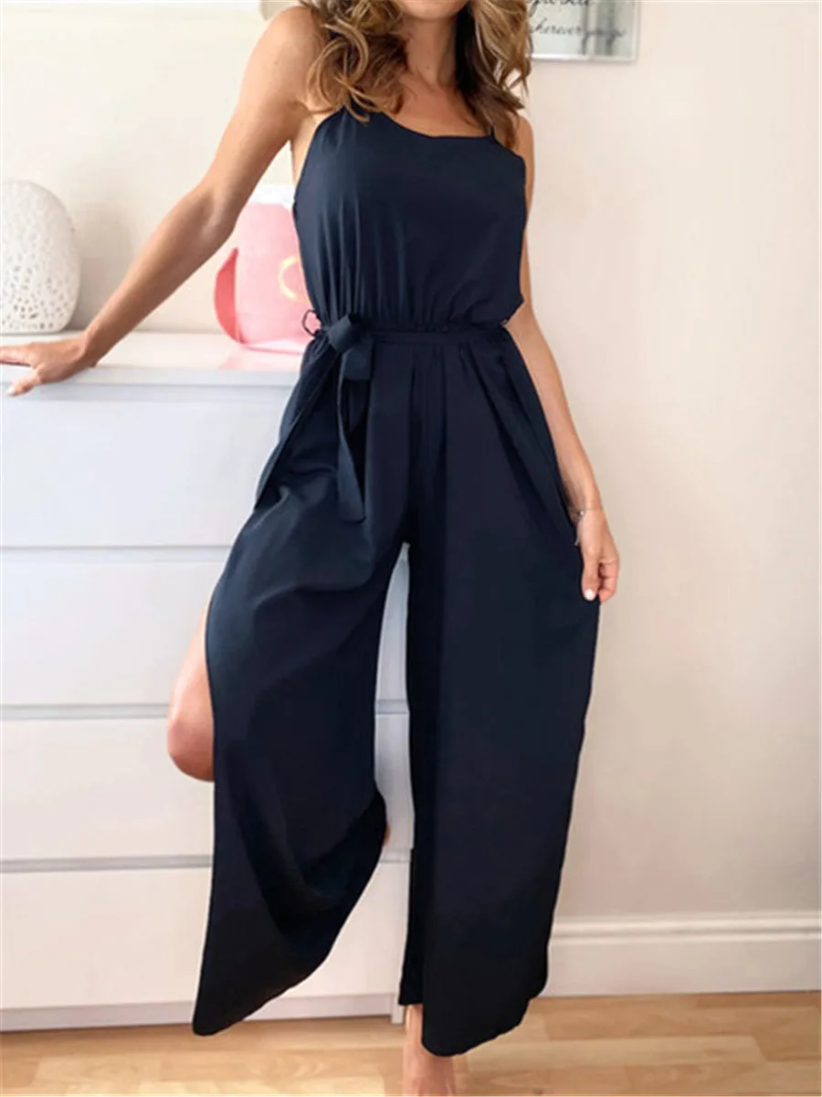 Fashion Solid Color Waist Tie High Fork Pants Jumpsuit for Women