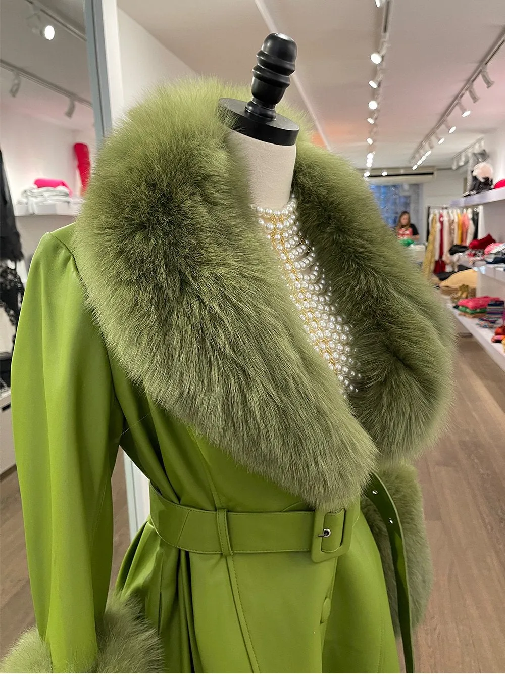 Faux Fur Genuine Leather Coat In Lime Green