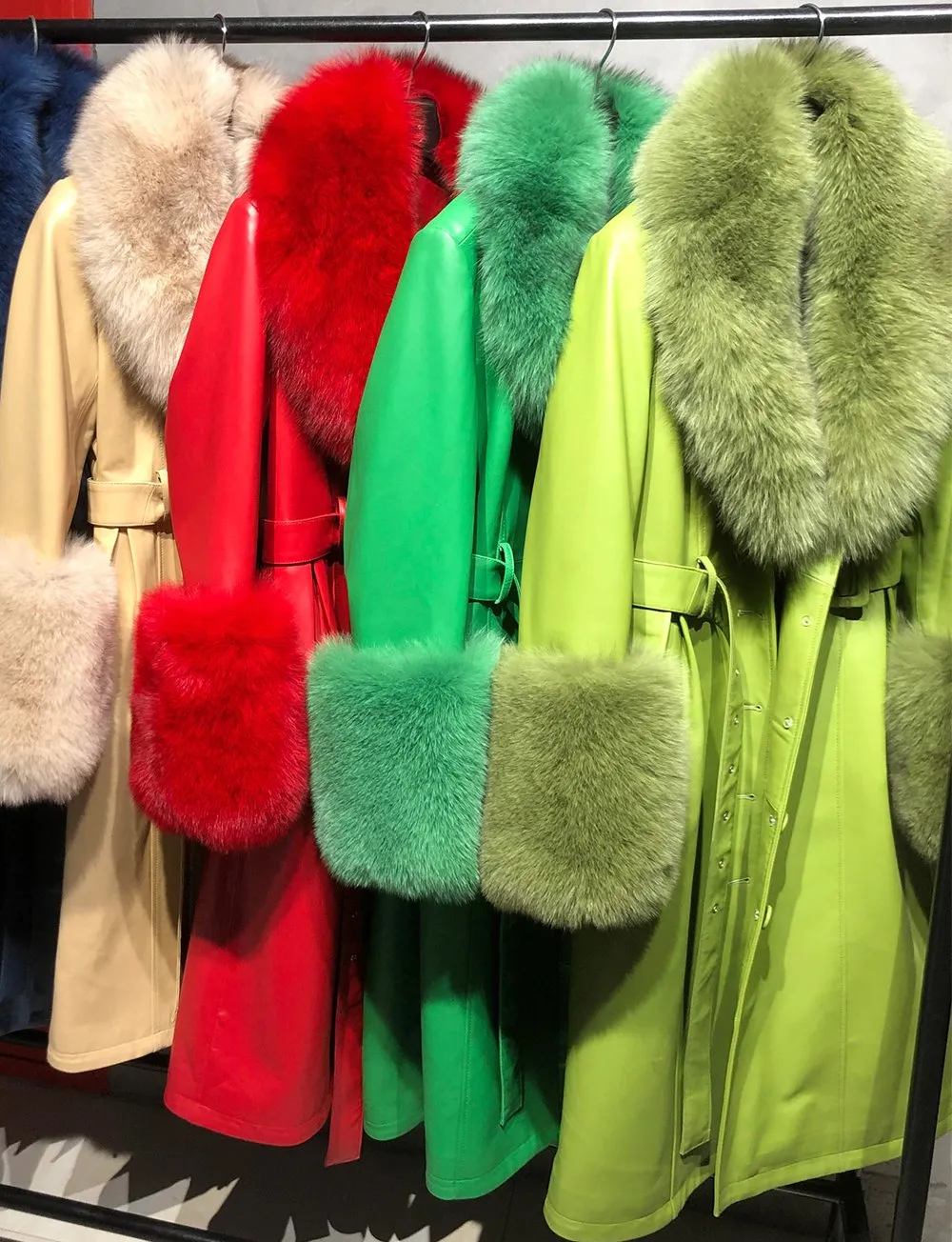 Faux Fur Genuine Leather Coat In Lime Green